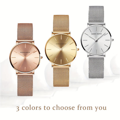 New Arrival 1pc Fashionable 's Rose Golden Watch, Golden & Silvery Stainless Steel Mesh Strap, Gorgeous Quartz Watch, Suitable for Daily Vacation Banquet Wear, Comes with Black Exquisite Box and Also Suitable as Gift - Girlfr