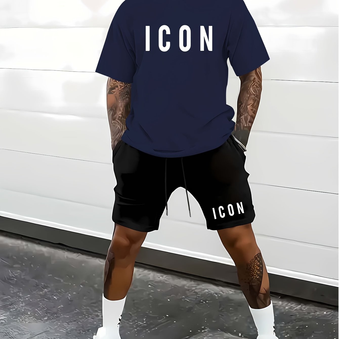 Men'S Casual Sporty Outdoor Two-Piece Set - Summer T-Shirt & Shorts with Bold "ICON" Print, Geometric Pattern, Regular Fit, Crew Neck, Light Blue & Black, Comfortable for Casual Attire, Leisure Clothing | Bold Print Shirt | C