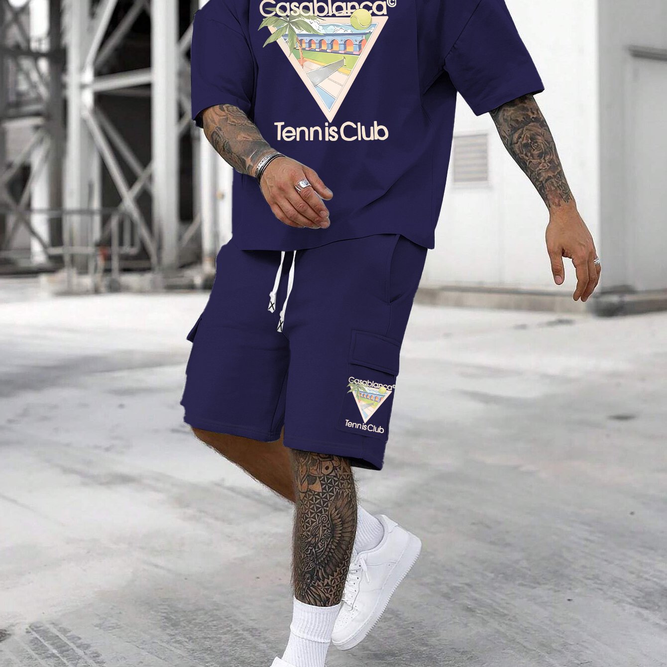 New Loose Fit Breathable Men's Crew Neck Short Sleeve T-Shirt and Workwear Style Multi-Pocket Shorts Set, Summer Casual Sportswear Two-Piece Outfit, Stylish Versatile Top and Pants for Both Men and Women