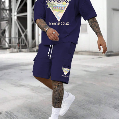 New Loose Fit Breathable Men's Crew Neck Short Sleeve T-Shirt and Workwear Style Multi-Pocket Shorts Set, Summer Casual Sportswear Two-Piece Outfit, Stylish Versatile Top and Pants for Both Men and Women