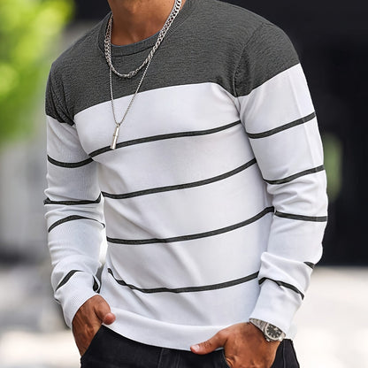 Men's Casual Striped Knit Pullover Sweater - Navy & White Contrast, Regular Fit H-Silhouette, Long Sleeve Crew Neck, Medium Stretch, Machine Washable for Spring & Fall, Mediumstretch Fabric