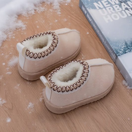 Girls' Winter Snow Boots with Plush Faux Fur Collar & Non-Slip Rubber Sole - Soft Fabric Upper, Mid-Calf Height, Round Toe Design for Outdoor Hiking, Casual Wear - Cozy Warm Slip-On Boots for Youngsters & Youngsters (Autumn/W