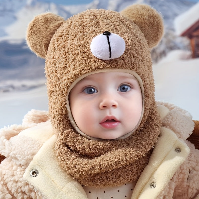 1pc Kids Bear Plush Winter Hat - Thickened Warm Fleece-Lined Bear Ear Flaps, Stretchy Unisex Winter Cap for Boys & Girls, 1-3 Years, Khaki, Perfect for Outdoor Activities, Thanksgiving & Daily Wear, Winter Hat for Kids, Playf