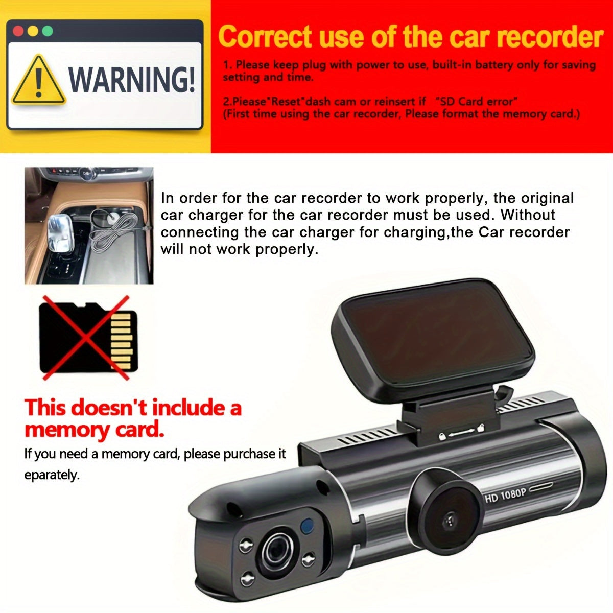 ZKCAMSPY Dual Dash Cam 1080P Front & 720P Rear, 8.03cm HD Night Vision, Loop Recording, G-Sensor, Wide Angle, 27.5FPS, 5V Car Plug, Rechargeable Lithium Polymer, Adhesive Mount, PC Compatible, Universal Driving Position - No