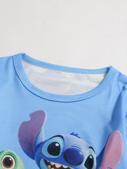 Disney Stitch Print Long Sleeve and Pants Set, Comfortable Flame-Retardant Polyester - Spring/Summer New Stylish Boys' Loungewear - Round Neck, Stretch Fabric, Perfect Birthday Gift, Light Beige-Friendly Kids' Home Outfit