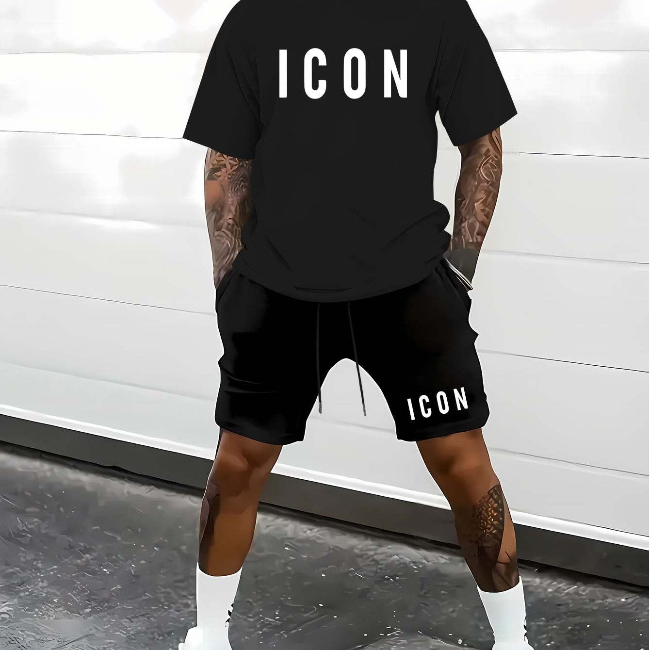 Men'S Casual Sporty Outdoor Two-Piece Set - Summer T-Shirt & Shorts with Bold "ICON" Print, Geometric Pattern, Regular Fit, Crew Neck, Light Blue & Black, Comfortable for Casual Attire, Leisure Clothing | Bold Print Shirt | C