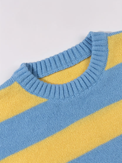 Unisex Streetwear Loose Fit Striped Knit Sweater - Long Sleeve Round Neck All-Season Casual Pullover with Yellow & Blue Horizontal Stripes, Hand Wash Only