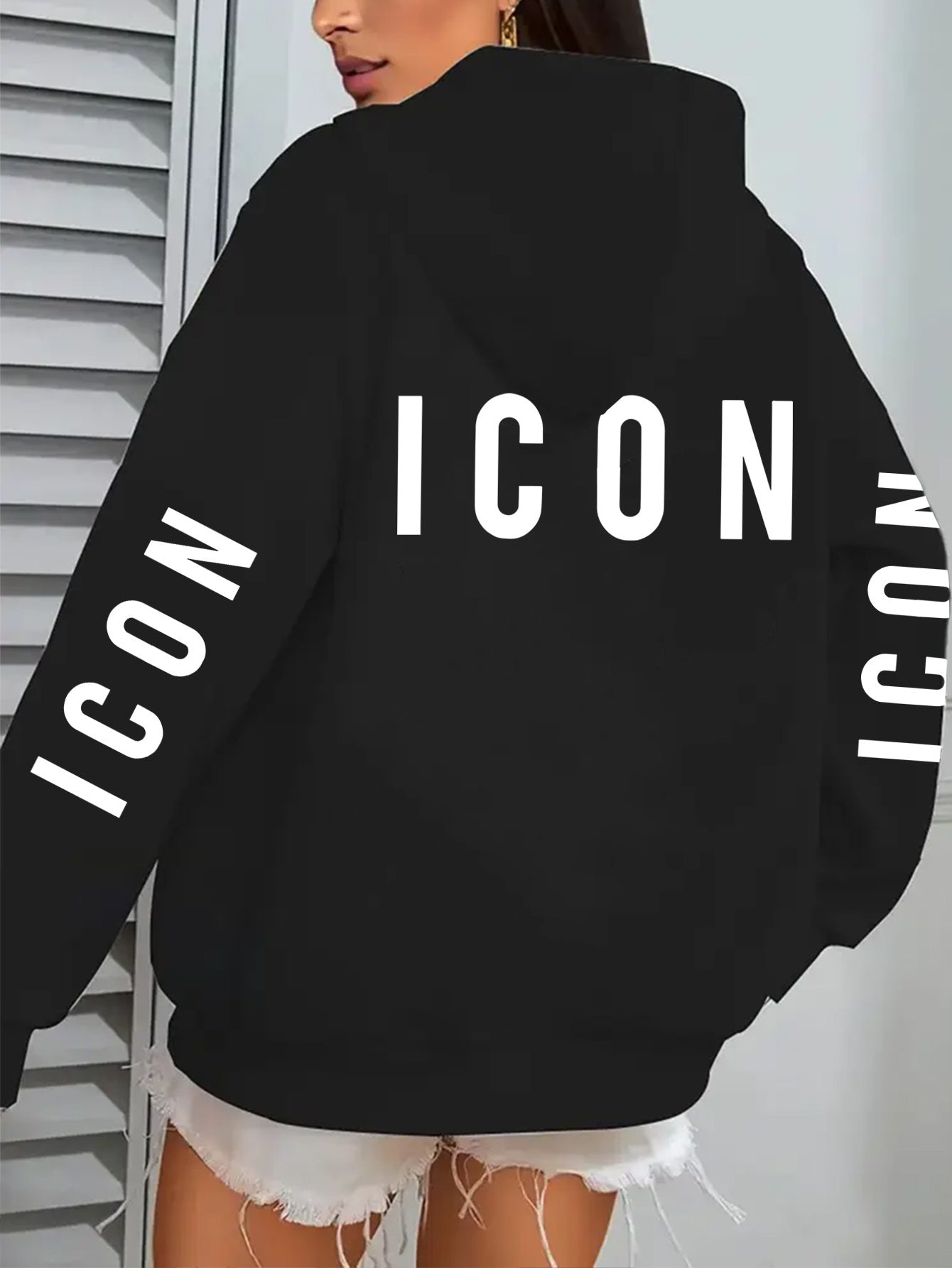 1pc Women'S Pink Hoodie with "ICON" Letter Print - Cozy Long-Sleeve Zip-Up Sweatshirt, Machine Washable, Casual Fall/Winter Pullover with Pockets, Casual Winter Wear | Trendy Casual Hoodie | Machine Washable Fabric