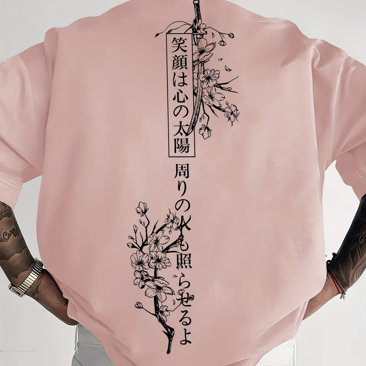 Men's Japanese Sakura Cherry Blossom & Text Print Casual T-Shirt - Black with Golden Floral Print Design, Loose Fit Round Neck, Breathable Summer Fabric, Machine Washable, Relaxed Fit Clothing, Elegant Design Shirt