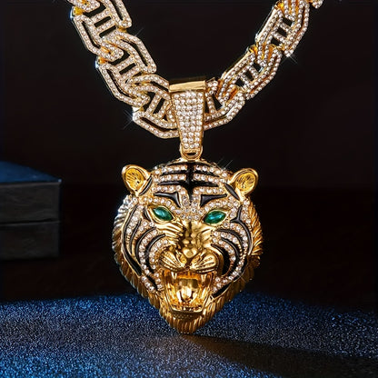 1pc Domineering Green Eyed Tiger Head Shaped Pendant, Paired with a 50.8 cm Rhinestone Cuban Necklace, Suitable for Daily Wear And Gift Giving for Men And Women