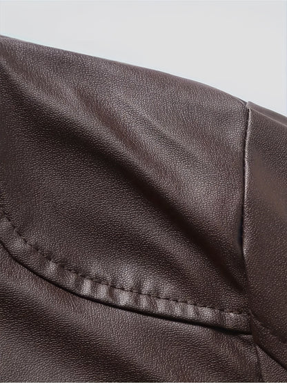 1pc Men'S Casual Faux Leather Jacket with Stand Collar, Solid Color Motorcycle Coat, Regular Fit with Pockets, Non-Stretch Woven Fabric - Spring/Fall Fashion Outerwear