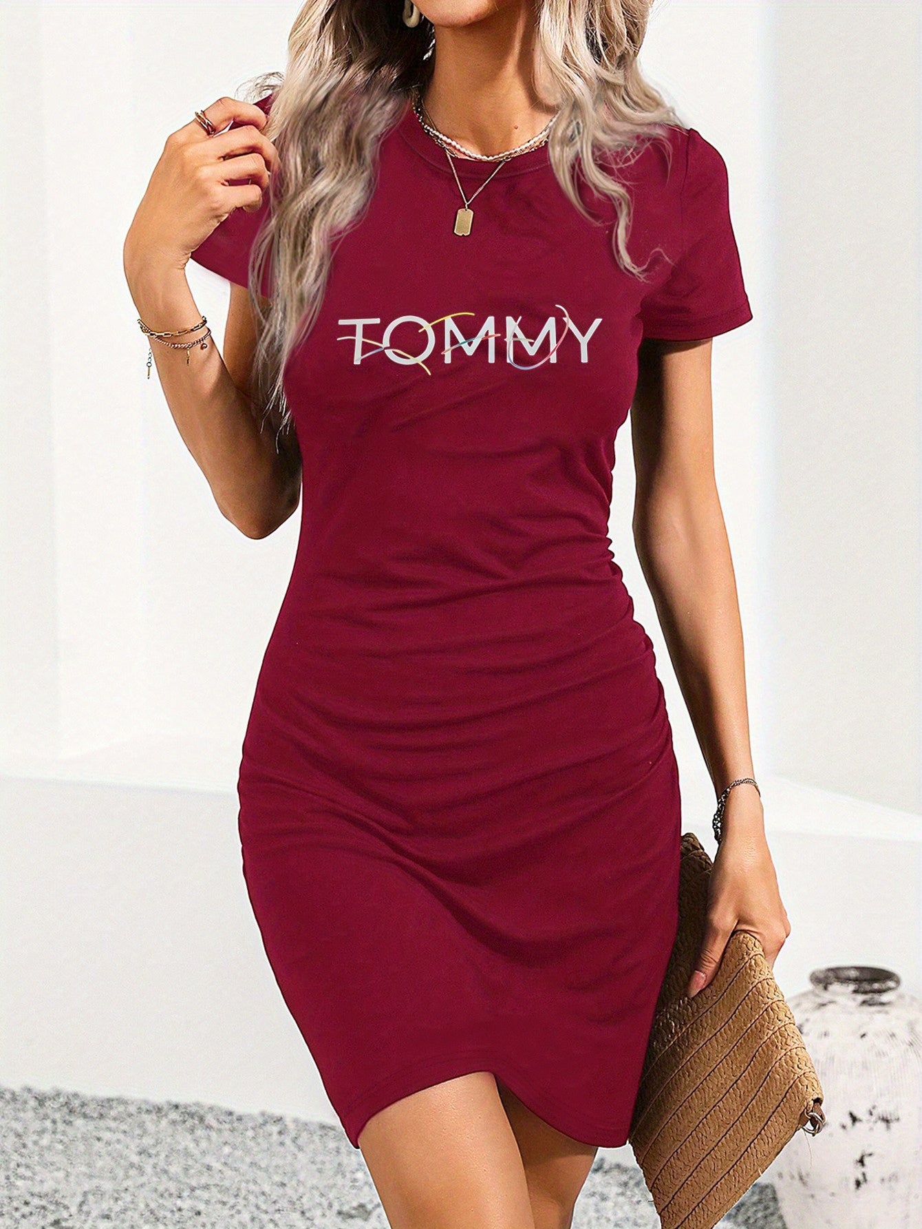 Women'S Bodycon Mini Dress with "TOMMY" Print - Stretchy, Breathable Fabric, Round Neck, Short Sleeve, Perfect for Parties & Casual Attire, Black, Party Attire | Round Neckline | Stretchy Fabric