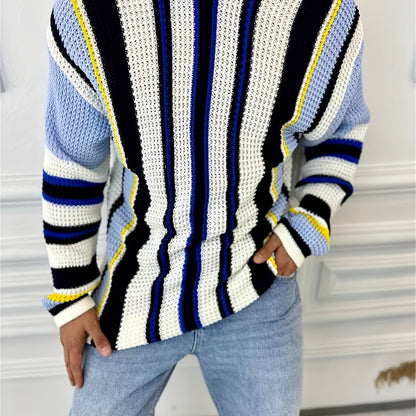 Men's Casual Striped Knit Sweater - Black & Yellow Contrast Long Sleeve Pullover with Round Neck, Regular Fit for Office Commute & Streetwear | Autumn Winter Fashion, Knit Sweater, Winter Wardrobe, Trendy Knitwear, Durable Fa