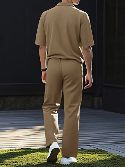 Men'S Summer Casual Short Sleeve Jumpsuit - Lightweight Breathable Fabric, Loose Fit with Adjustable Waist Belt, Pockets & V-Neck Design for Outdoor Travel, Beach, Home Wear - Black, Beach Attire, Minimalist Style, Comfortabl