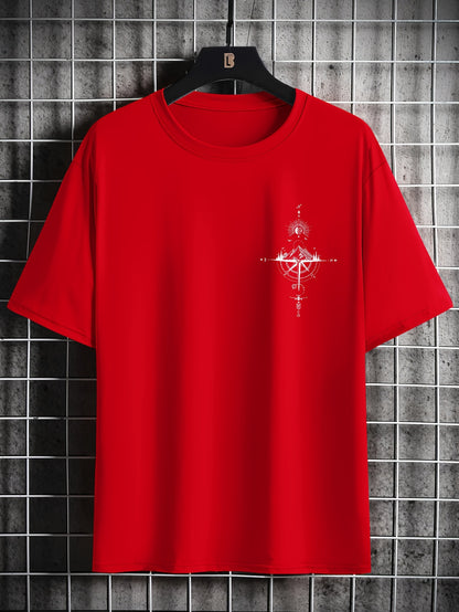 Men's Casual Compass Print T-Shirt - Breathable Polyester, Crew Neck, Short Sleeve - Perfect for Summer