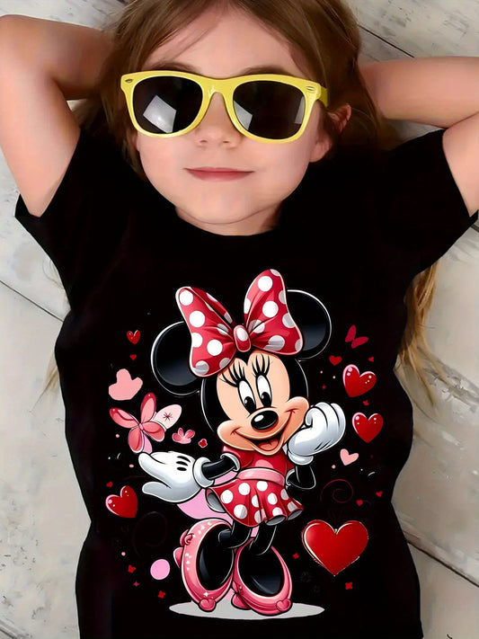 New Arrival - Cute Girl in Glasses Graphic Tee for Kids, Vibrant Yellow Cartoon T-Shirt with Minnie Mouse Design, Short Sleeve, Round Neck, Casual & Comfortable for Summer, Fall, Spring, Everyday Holiday Top|Playful Design|Co