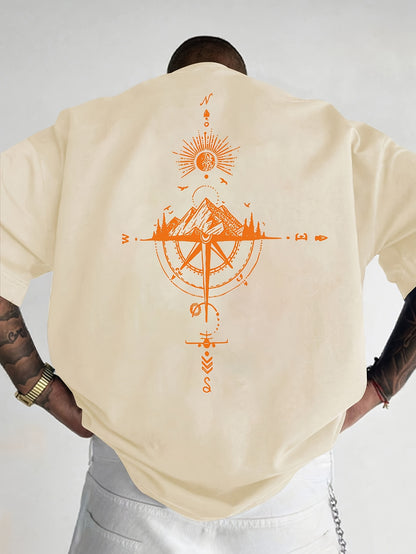 Men's Short Sleeve T-Shirt 100% Polyester Loose Fit Casual Round Neck Navy Blue with Golden Compass Rose Mountain Print - Summer Outdoor Adventure Graphic Tee, Modern Casual Top | Easy Care Clothing
