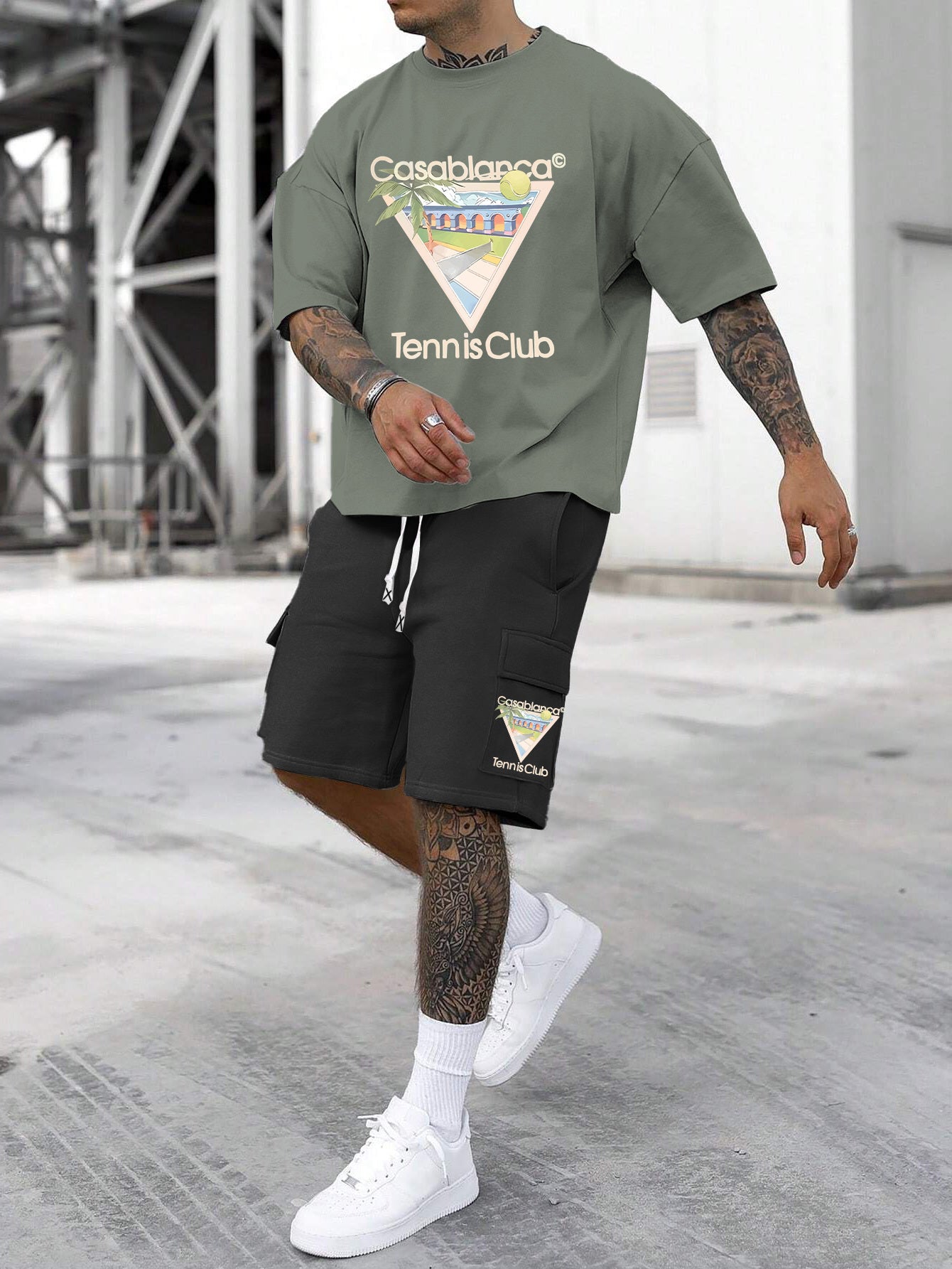 New Loose Fit Breathable Men's Crew Neck Short Sleeve T-Shirt and Workwear Style Multi-Pocket Shorts Set, Summer Casual Sportswear Two-Piece Outfit, Stylish Versatile Top and Pants for Both Men and Women