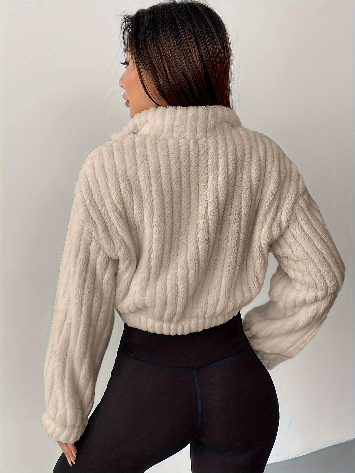 Women's Elegant Off-Shoulder Half-Zip Fleece Sweatshirt - Cozy Warm Crop Top with Ribbed Detail, Long Sleeves for Fall & Winter, Beige