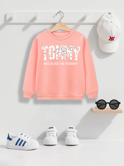 Boys' Casual Fleece-Lined Long Sleeve Sweatshirt with "TOMMY" Letter Print - Cozy Loose Fit Round Neck Pullover for Fall/Winter Outdoor Activities, 3+ Years Old, 6 Color Options, Sweater for Boy, Kids Winter Wear, Playful Kid