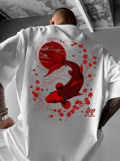 Men's 100% Cotton Retro T-Shirt - Navy Blue Short Sleeve Casual Tee with Koi Fish & Cherry Blossom Print, Regular Fit, Machine Washable, Cotton T Shirts, Summer Apparel, Breathable Fabric