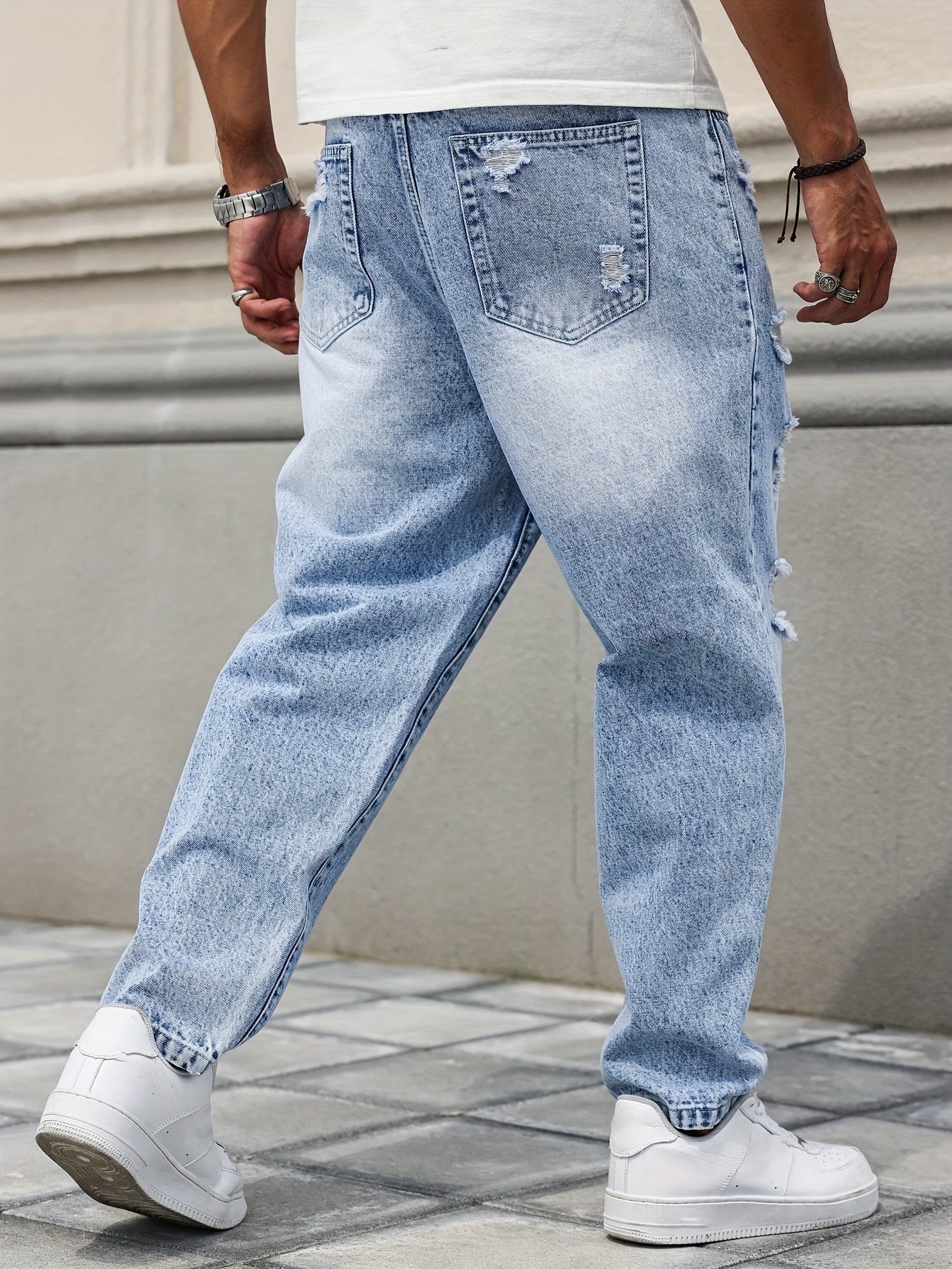 Men's Distressed Blue Denim Harem Pants - Loose Fit, Ripped Jeans with Raw Hem & Slant Pockets, Casual All-Season Wear (Belt/Accessories Not Included)