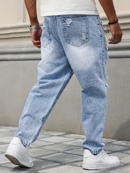 Men's Distressed Blue Denim Harem Pants - Loose Fit, Ripped Jeans with Raw Hem & Slant Pockets, Casual All-Season Wear (Belt/Accessories Not Included)