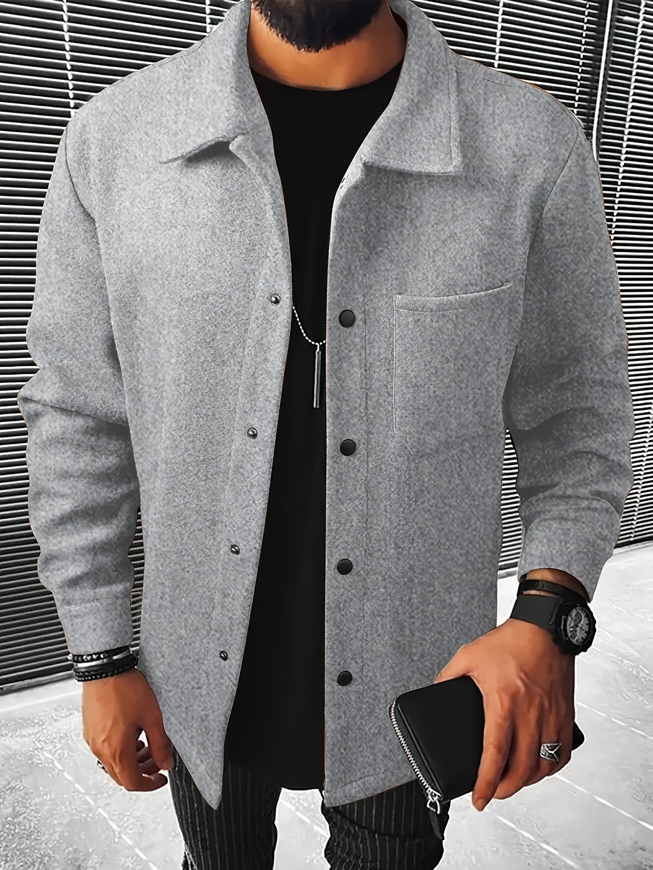 Men's Casual Button-Up Jacket with Front Pocket and Turn-Down Collar, Solid Color, PLUS SIZE