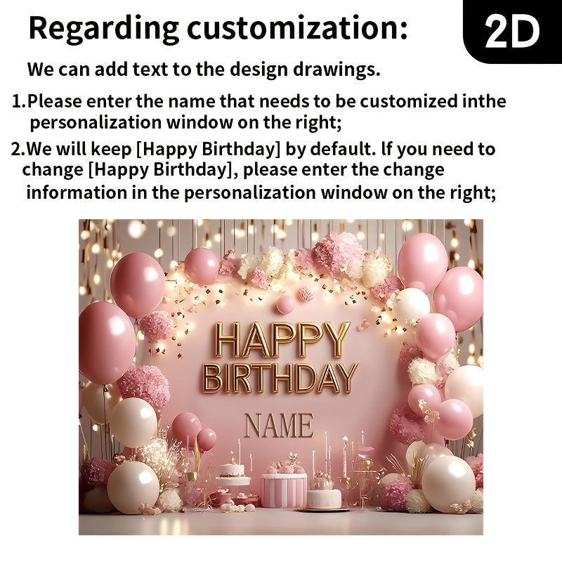 2D Flat, 1pc Customizable Princess-Themed Birthday Party Banner - Sparkling Pink Floral & Cake Design, Vinyl Inkjet Print, Personalized Name Option, Perfect for Wall Decor & Event Signage, Birthday Party Decorations