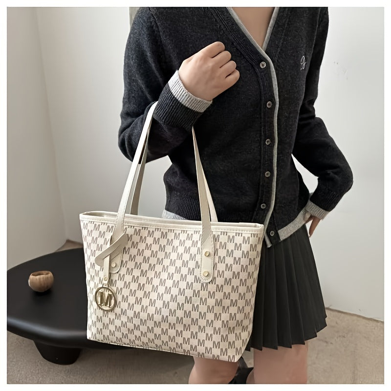 2025 Women's Designer-Inspired Large Tote Bag - Geometric Synthetic Leather Handbag with Detachable Golden Chain Strap & 'M' Monogram Accent, Lightweight Work Purse for Office, School, Shopping - Coffee Brown, Beige, Black -