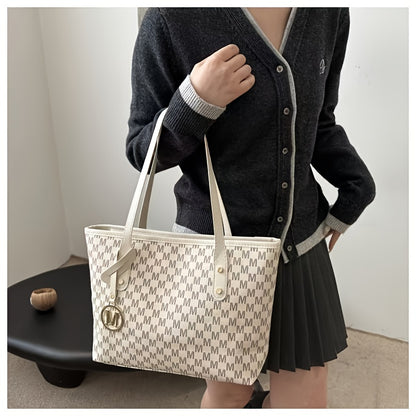 2025 Women's Designer-Inspired Large Tote Bag - Geometric Synthetic Leather Handbag with Detachable Golden Chain Strap & 'M' Monogram Accent, Lightweight Work Purse for Office, School, Shopping - Coffee Brown, Beige, Black -