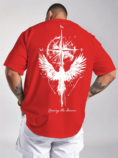 Men'S Summer Short Sleeve T-Shirt with Bold Eagle & Compass Print - Light Blue Casual Round Neck Tee, Comfortable Stretch Fabric for Casual Attire, Everyday Tshirt | Bold Graphic Tee | Comfortable Fit