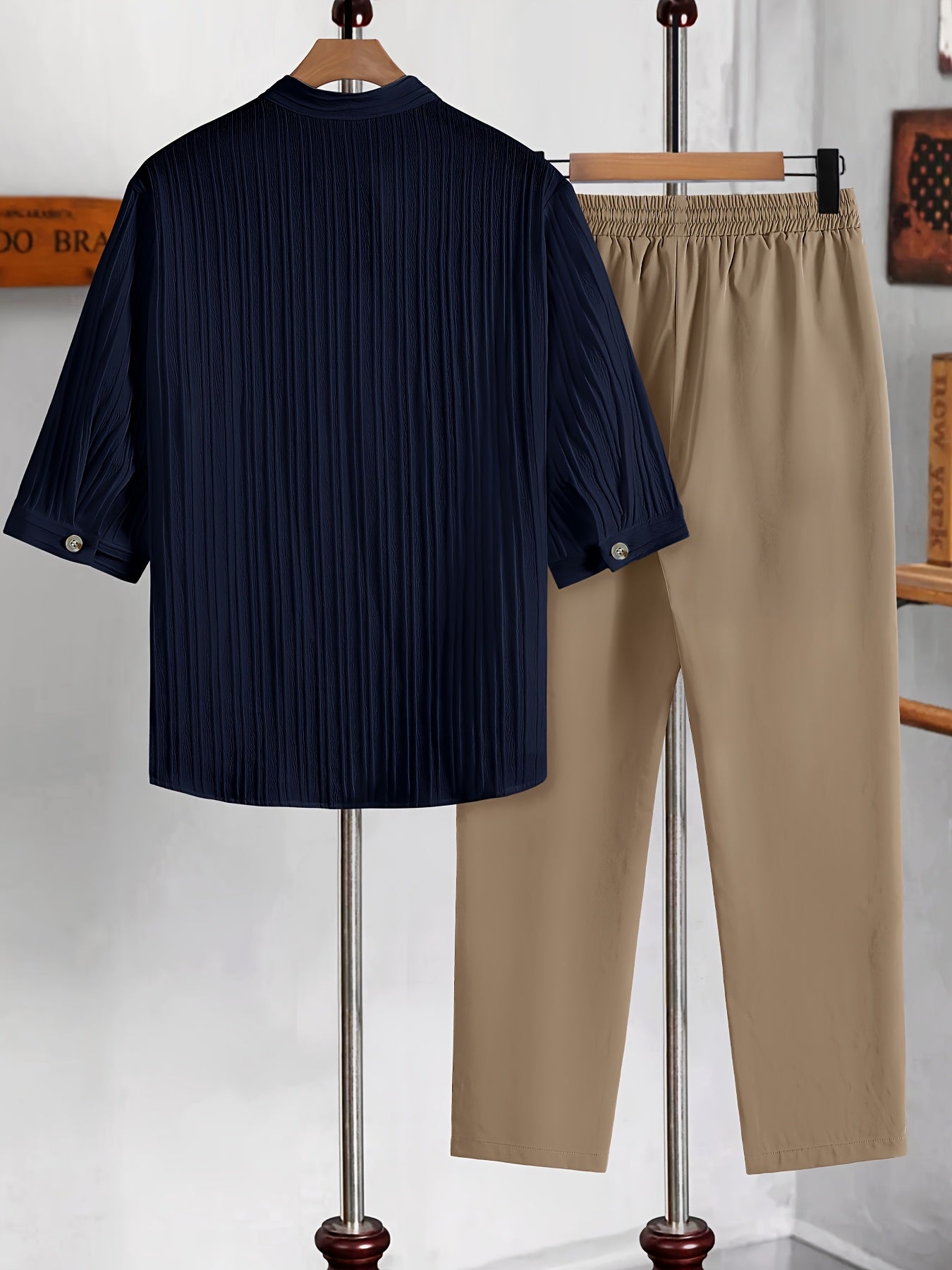 2025 New European and American Men's Summer Casual Wave Pattern Vacation Style Round Neck Short Sleeve and Long Pants Two-Piece Set