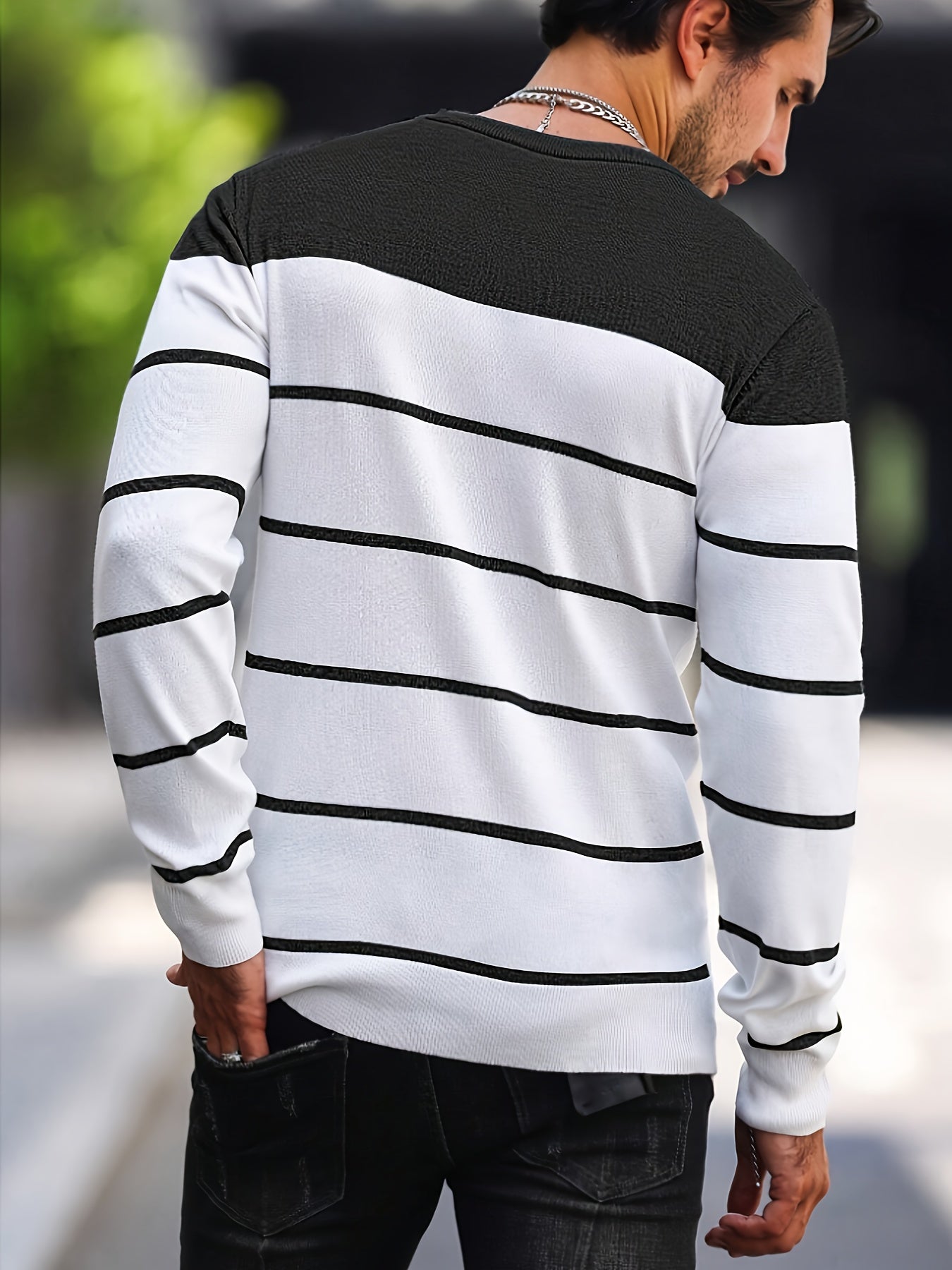 Men's Casual Striped Knit Pullover Sweater - Navy & White Contrast, Regular Fit H-Silhouette, Long Sleeve Crew Neck, Medium Stretch, Machine Washable for Spring & Fall, Mediumstretch Fabric