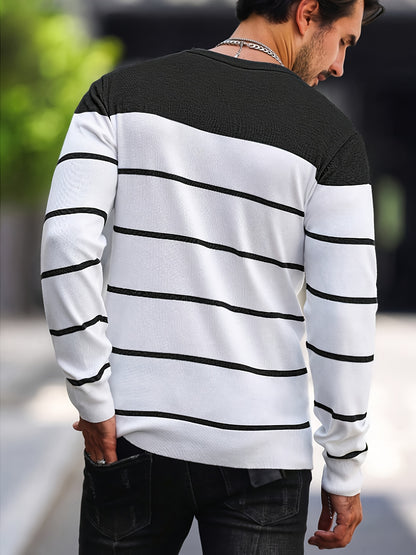Men's Casual Striped Knit Pullover Sweater - Navy & White Contrast, Regular Fit H-Silhouette, Long Sleeve Crew Neck, Medium Stretch, Machine Washable for Spring & Fall, Mediumstretch Fabric
