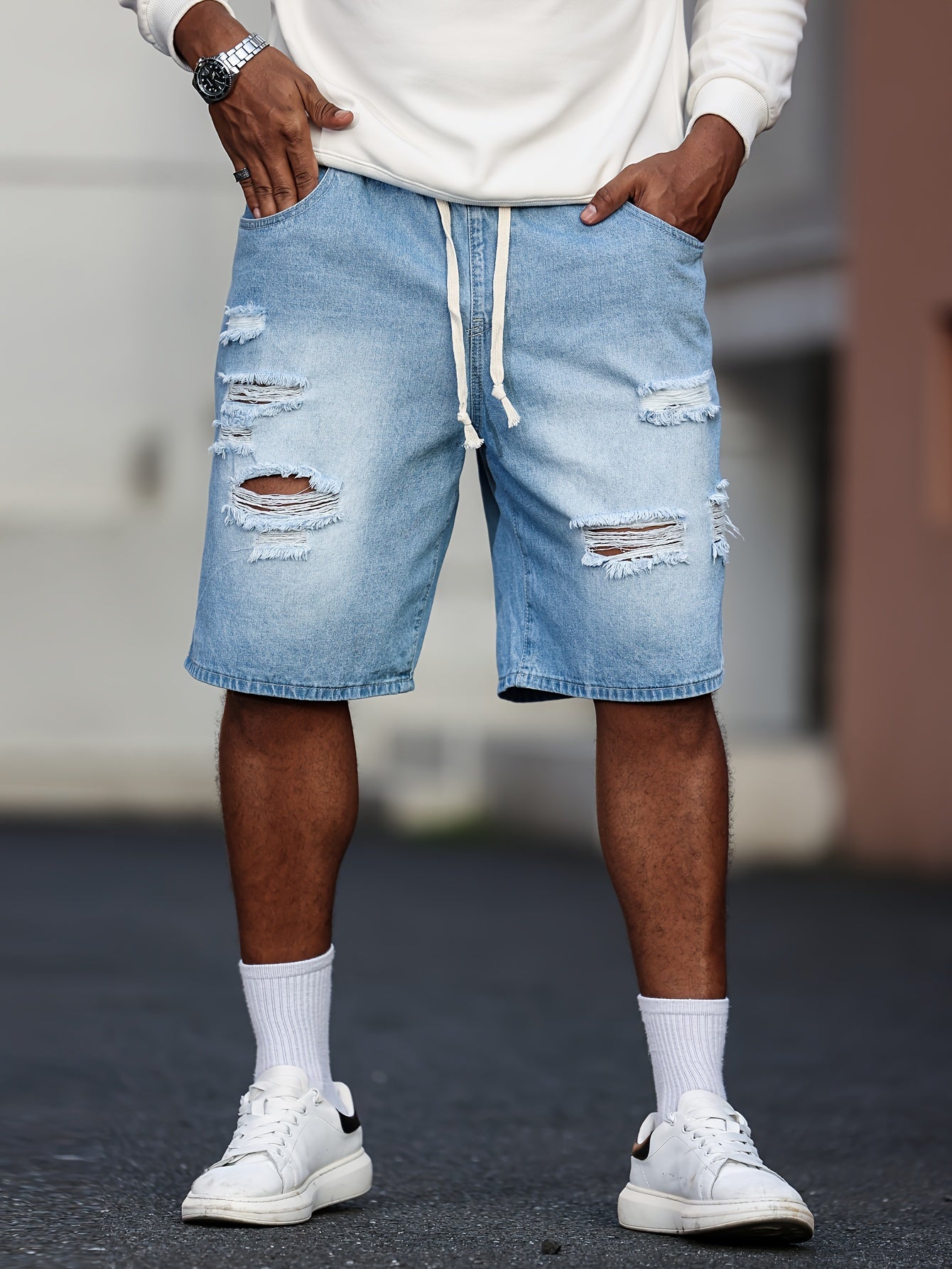 Men's Big & Tall Jeans Shorts - Non-Stretch Heavy-Duty Jeans Fabric, Drawstring Waistband, Loose Fit Casual Pants for Everyday & Formal Outfits - Machine Washable Denim Shorts, Relaxed Style, Distressed Look, Sturdy Construct