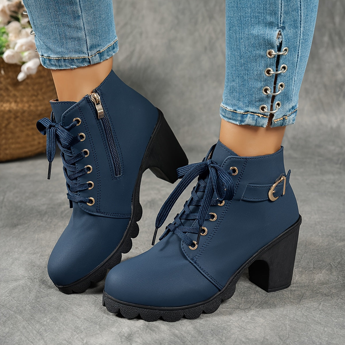 MagiMoBo Women'S Mid-Heel Ankle Boots with Side Zipper - Comfortable Faux Cover, Decorative Buckle Design, All-Season Versatile Casual Shoes for Casual Attire, Chunky Heel, Versatile Ankle Boots | Decorative Buckle Boots | Sy