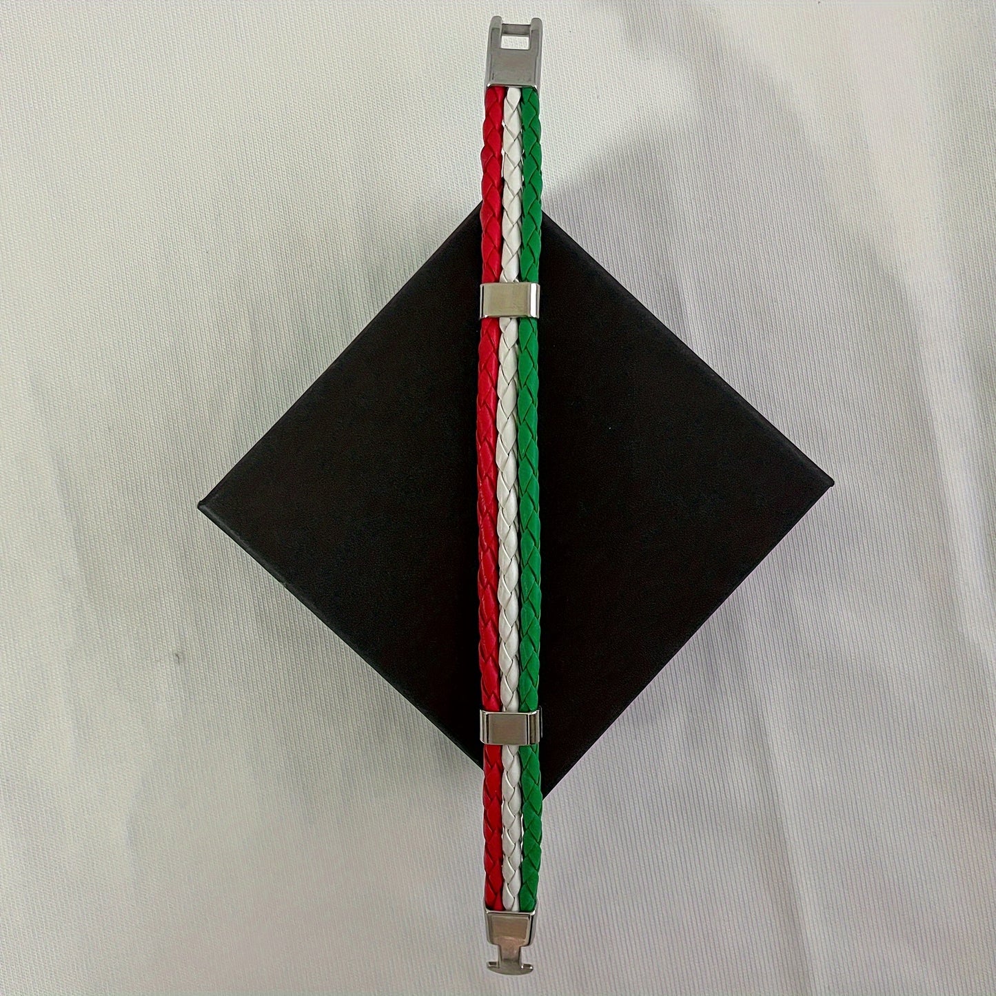 Handmade Braided Red, White, and Green Flag Faux Leather Bracelet - Fashionable Faux Leather Accessory with Metal Buckle, Ideal for National Holiday Celebrations, National Holiday Gift|Festive Accessory|Durable Faux Leather,