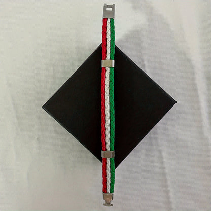 Handmade Braided Red, White, and Green Flag Faux Leather Bracelet - Fashionable Faux Leather Accessory with Metal Buckle, Ideal for National Holiday Celebrations, National Holiday Gift|Festive Accessory|Durable Faux Leather,