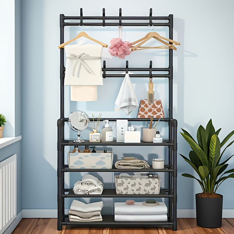 Clothes and Hat Rack, Freestanding Shoe Shelf with Sturdy Thick Metal Plastic Hooks – Space-Saving Modern Design for Shoes, Hats, and Clothes. Easy to Assemble for Living Room, Bedroom & Home Office, Hat Organizer, Home Org