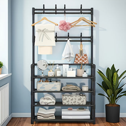 Clothes and Hat Rack, Freestanding Shoe Shelf with Sturdy Thick Metal Plastic Hooks – Space-Saving Modern Design for Shoes, Hats, and Clothes. Easy to Assemble for Living Room, Bedroom & Home Office, Hat Organizer, Home Org