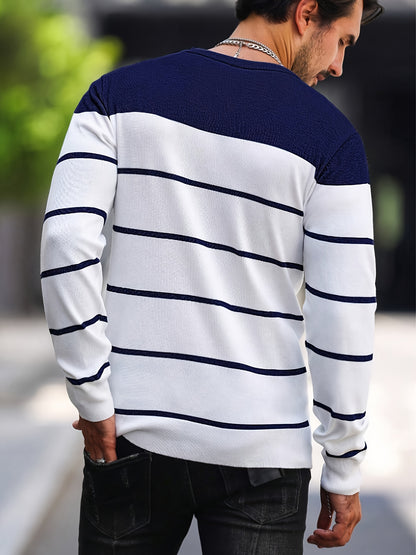 Men's Casual Striped Knit Pullover Sweater - Navy & White Contrast, Regular Fit H-Silhouette, Long Sleeve Crew Neck, Medium Stretch, Machine Washable for Spring & Fall, Mediumstretch Fabric