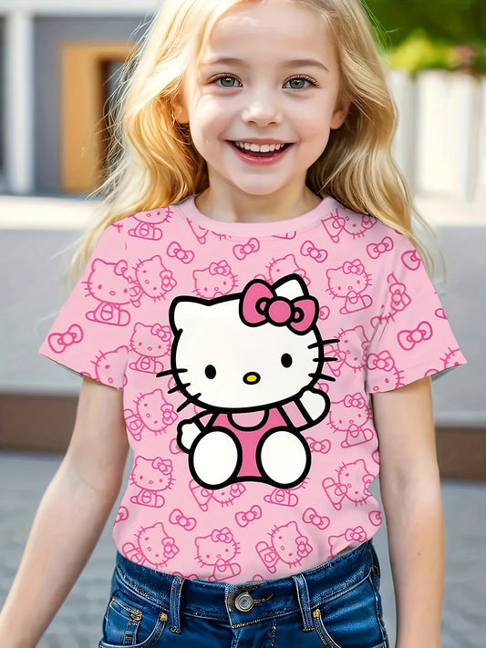 Kids' Short Sleeve T-Shirt - Cute Pink for Hello Kitty Cartoon Pattern, 3D Digital Print, Suitable for Outdoor | Casual | Sports | Home, Comfortable Sliky Fiber Fabric Fabric