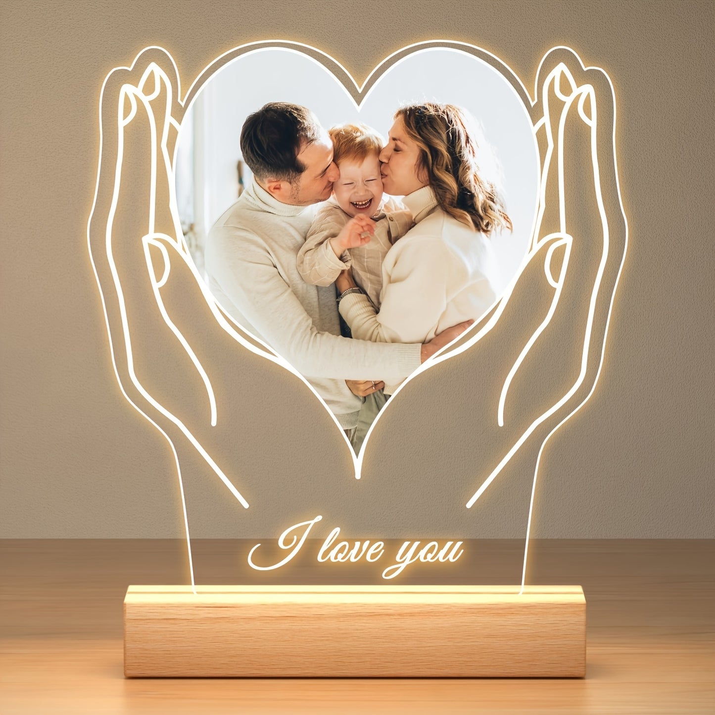 Custom Photo Frame with Hand and Heart Design, Personalized Tabletop Acrylic Frame, Vertical Oblong Orientation, Ideal for Wedding, Bridal Party, Anniversary, Birthday - Couples, Friends, Mom Keepsake - Fits Various Photo Siz