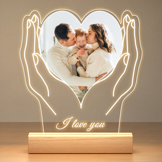 Custom Photo Frame with Hand and Heart Design, Personalized Tabletop Acrylic Frame, Vertical Oblong Orientation, Ideal for Wedding, Bridal Party, Anniversary, Birthday - Couples, Friends, Mom Keepsake - Fits Various Photo Siz