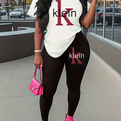 Women'S "Klein" Print Short Sleeve T-Shirt & Black Pants Two-Piece Set - Casual, Stretchy Fabric, Pink & Black Design, Spring/Summer Casual Wear, Casual Attire|Graphic Tee|Stretchy