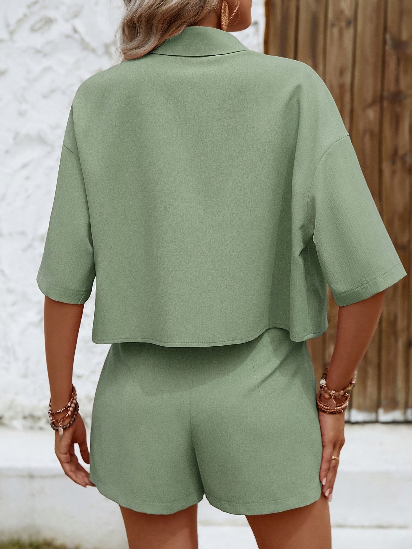 Stylish Versatile Short Sleeve Shirt + High-Waist Shorts Set 009