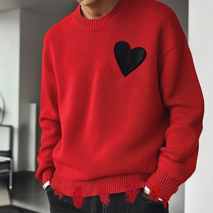 Cozy Men'S Red Heart Knit Sweater - Warm, Comfortable Loose Fit Pullover for Fall/Winter, Casual Crew Neck, Medium Stretch, Viscose Material