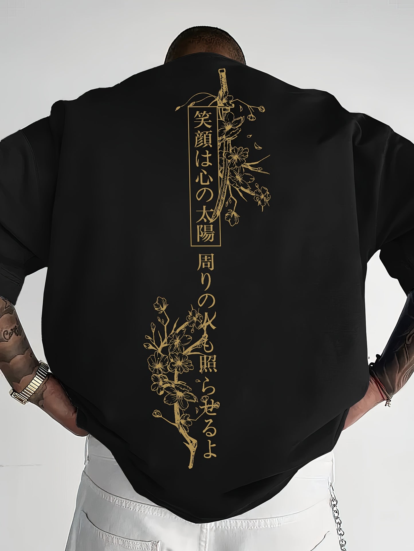 Men's Japanese Sakura Cherry Blossom & Text Print Casual T-Shirt - Black with Golden Floral Print Design, Loose Fit Round Neck, Breathable Summer Fabric, Machine Washable, Relaxed Fit Clothing, Elegant Design Shirt