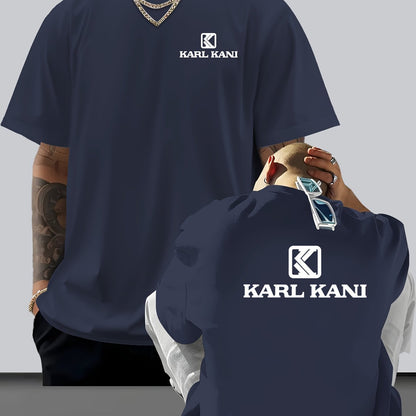 Men'S Casual Crew Neck T-Shirt with "KARL KANI" Graphic - Breathable, Moisture-Wicking, Short Sleeve, Regular Fit, Geometric Pattern, Ideal for Home & Outdoor Activities, All-Season Comfort, Outdoor Clothing | Relaxed Fit Shi
